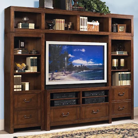 Bookcase Entertainment Wall with Pecan Finish